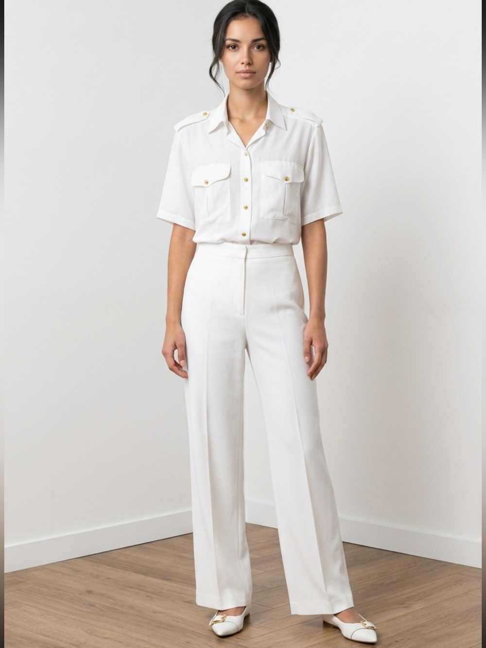 Vintage Regina Portes White Short-Sleeve Button-Front Utility Blouse